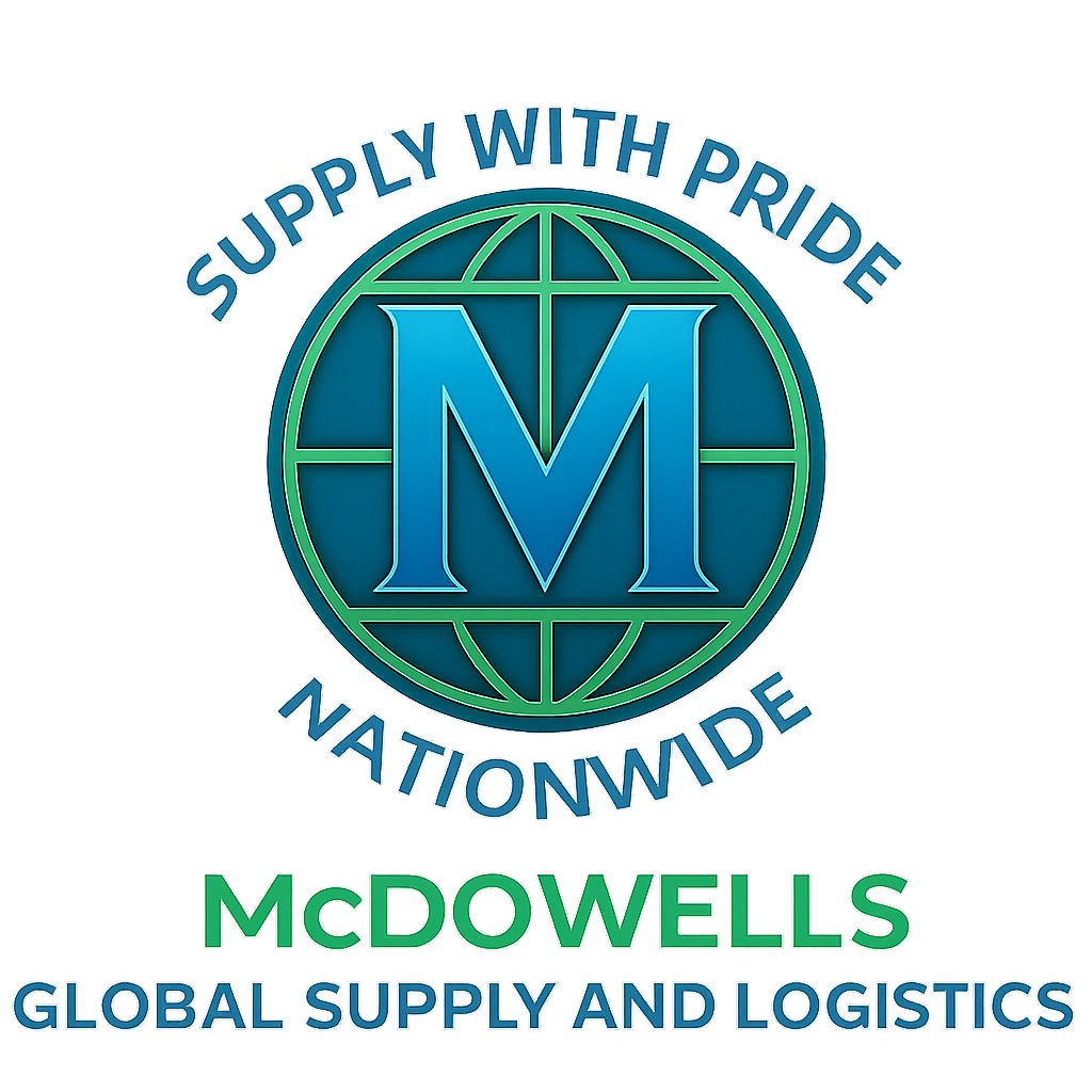 McDowells Global Supply and Logistics logo with globe emblem and Supply With Pride Nationwide text